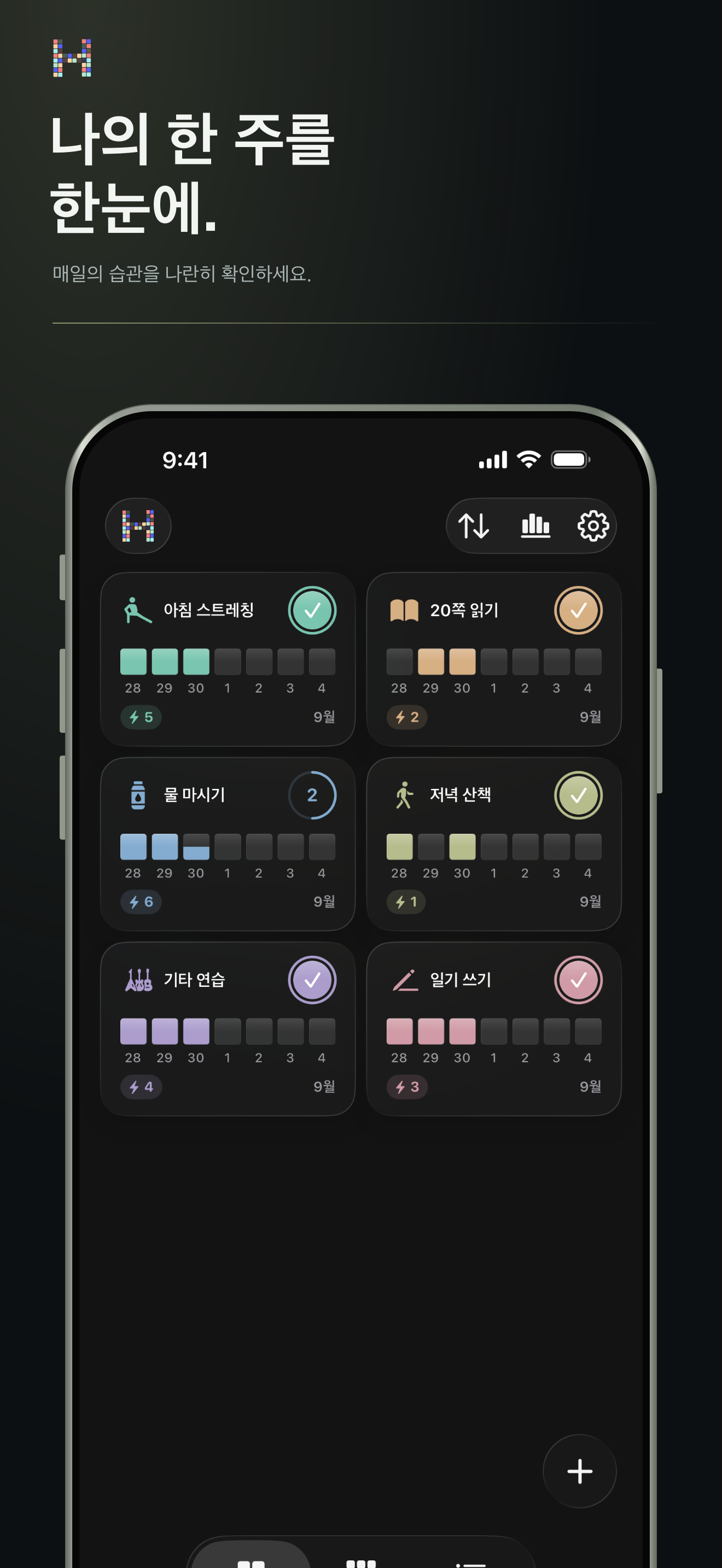 iPhone에 표시된 HabitBit 주간 습관 그리드