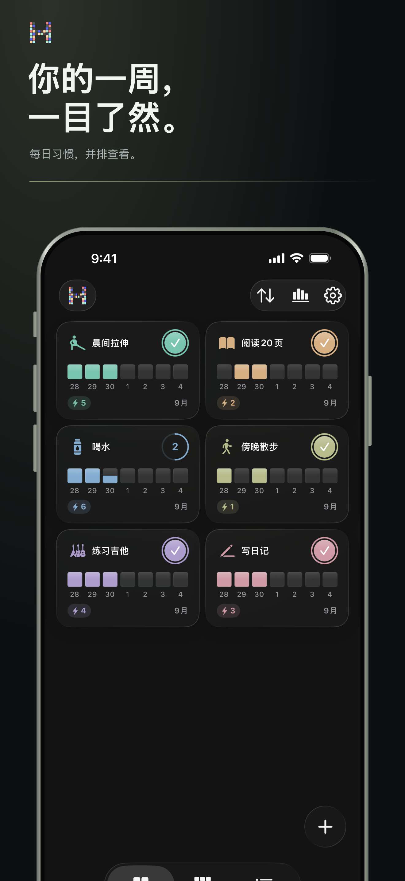 iPhone 上的 HabitBit 周习惯网格